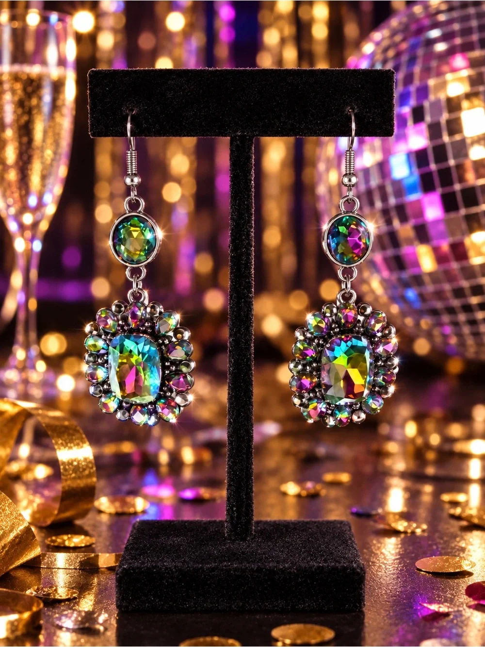 Iridescent Multicolor Crystal Drop Earrings Set in Gunmetal